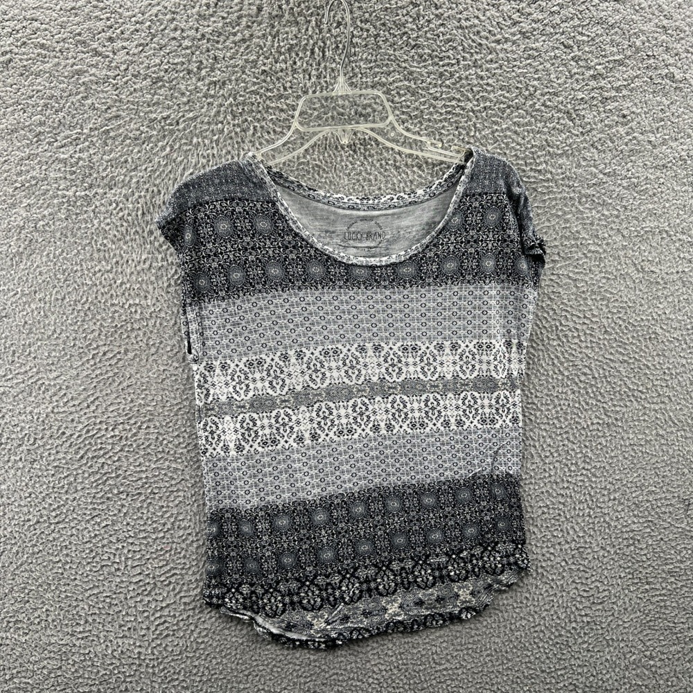 Lucky Brand Womens Peasant Knit‎ Top M Gray Medallion Print Cottage Boho Indie